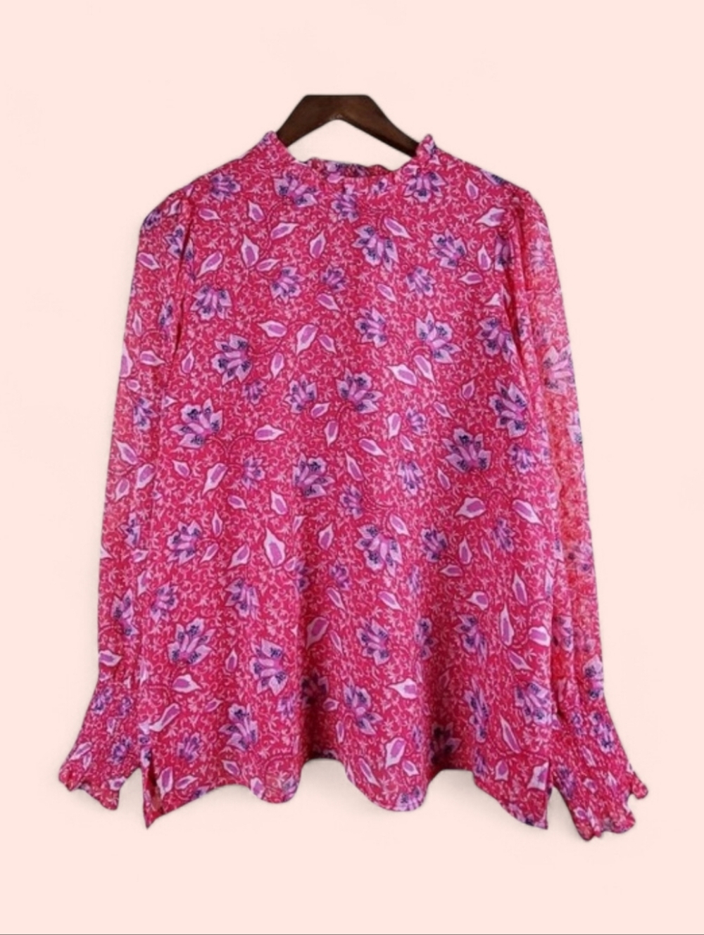 JOIE Pink Floral Long Sleeve Blouse Smocked Cuffs Size L